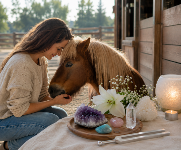 Woman petting a brown horse beside a wooden barn with crystals, flowers, and candles on a table