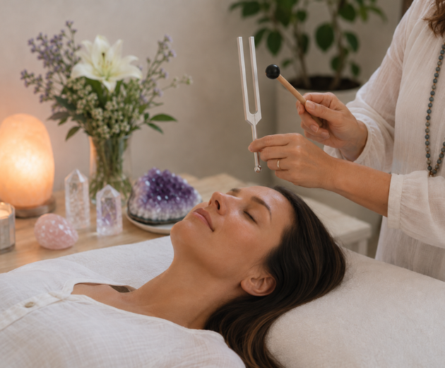 Spa treatment with woman lying down while a practitioner uses a crystal tuning fork nearby