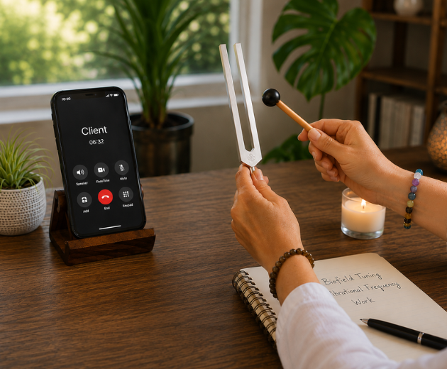 Person holding a tuning fork near a smartphone on a table during a video call, with a candle and notebook nearby