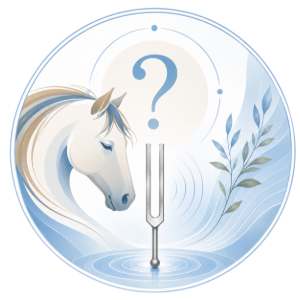 White horse beside tuning fork with blue question mark and laurel wreath in a circular design