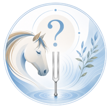 White horse beside tuning fork with blue question mark and laurel wreath in a circular design