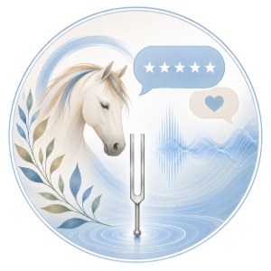 White horse inside a blue circular logo with tuning fork, stars, heart, and laurel accents.