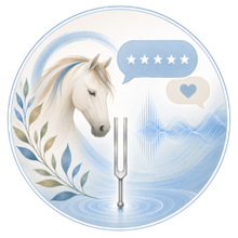 White horse inside a blue circular logo with tuning fork, stars, heart, and laurel accents.