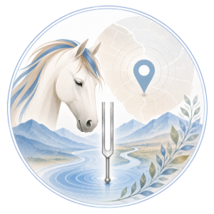White unicorn above a water droplet, with mountains, a map pin, and a silver tuning fork in a circular design