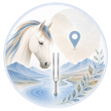 White unicorn above a water droplet, with mountains, a map pin, and a silver tuning fork in a circular design