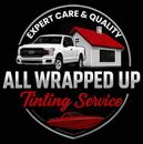 All Wrapped Up Tinting Service logo: white truck, house, and boat. Red, black, and white design; "Expert Care & Quality" banner.
