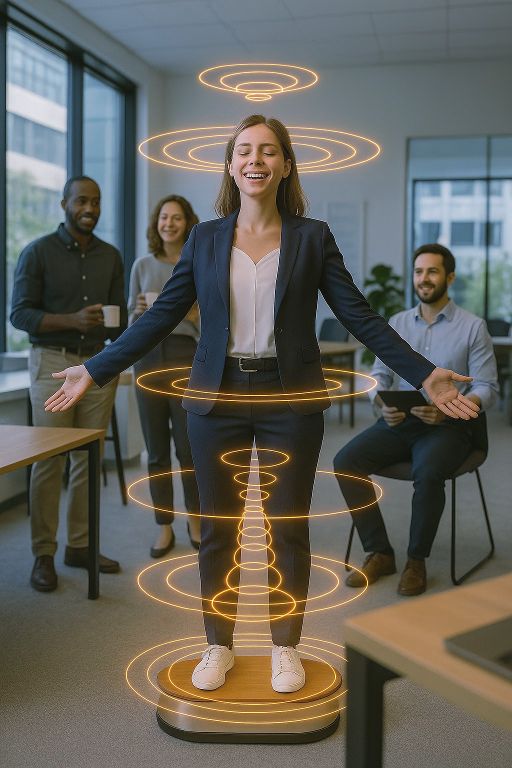Woman in suit stands on platform with energy rings, arms open, eyes closed, office setting.