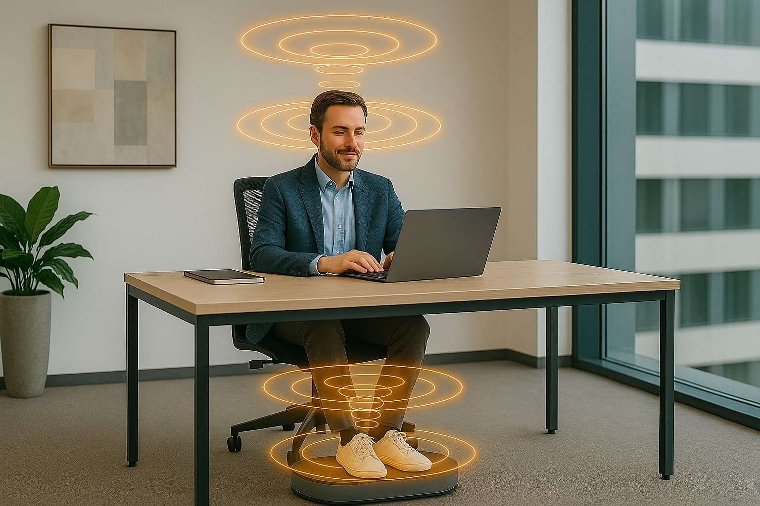 Man at desk working on laptop, with orange energy rings emanating from his head and feet.