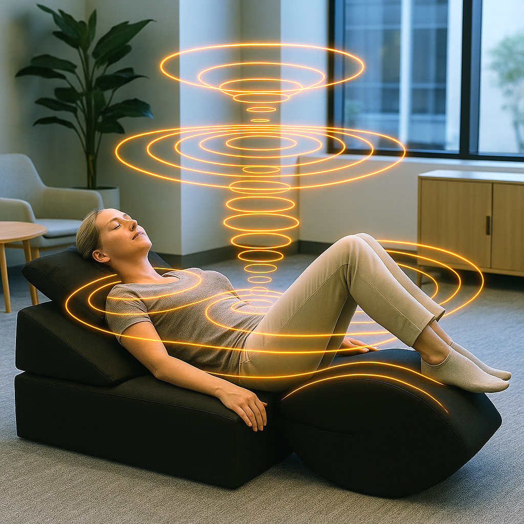 Woman reclines on a black cushion with energy rings, indoors.