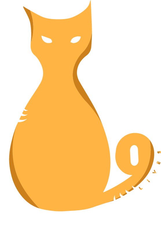 Orange cat silhouette with stylized tail forming the number 9, with the word