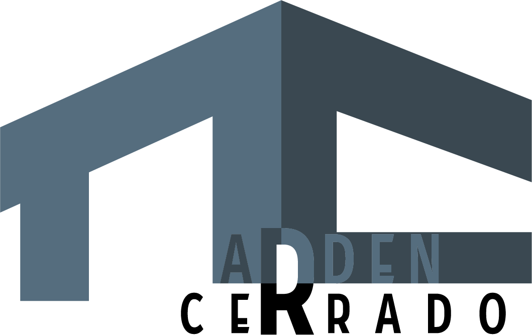 Logo with a stylized house shape in blue-gray, text
