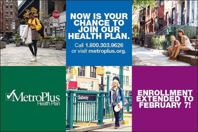 MetroPlus Health Plan advertisement with city scenes and extended enrollment deadline.
