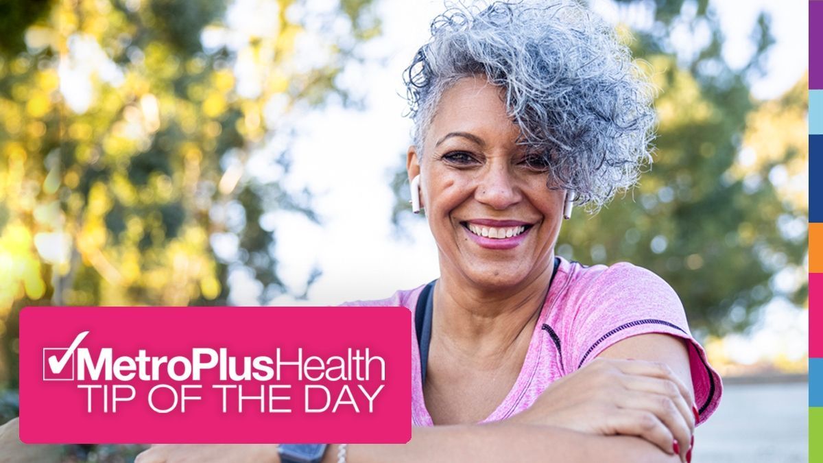 Smiling person outdoors wearing earbuds and exercise clothing, with a MetroPlusHealth