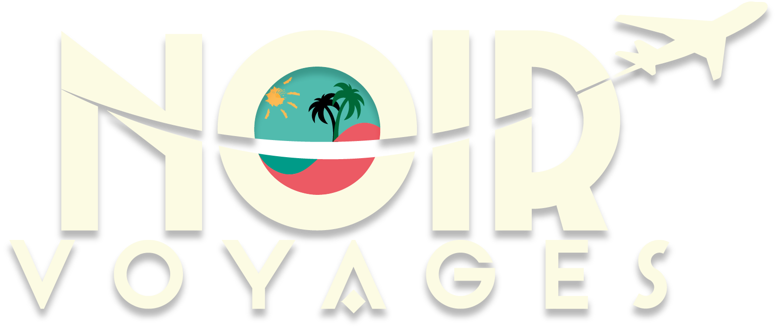 Logo for Noir Voyages, a travel company, with text and a beach scene icon, and an airplane.
