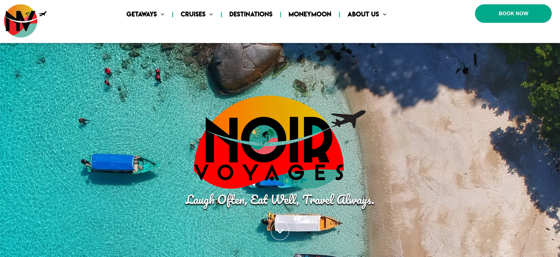 Noir Voyages logo with a beach scene background.