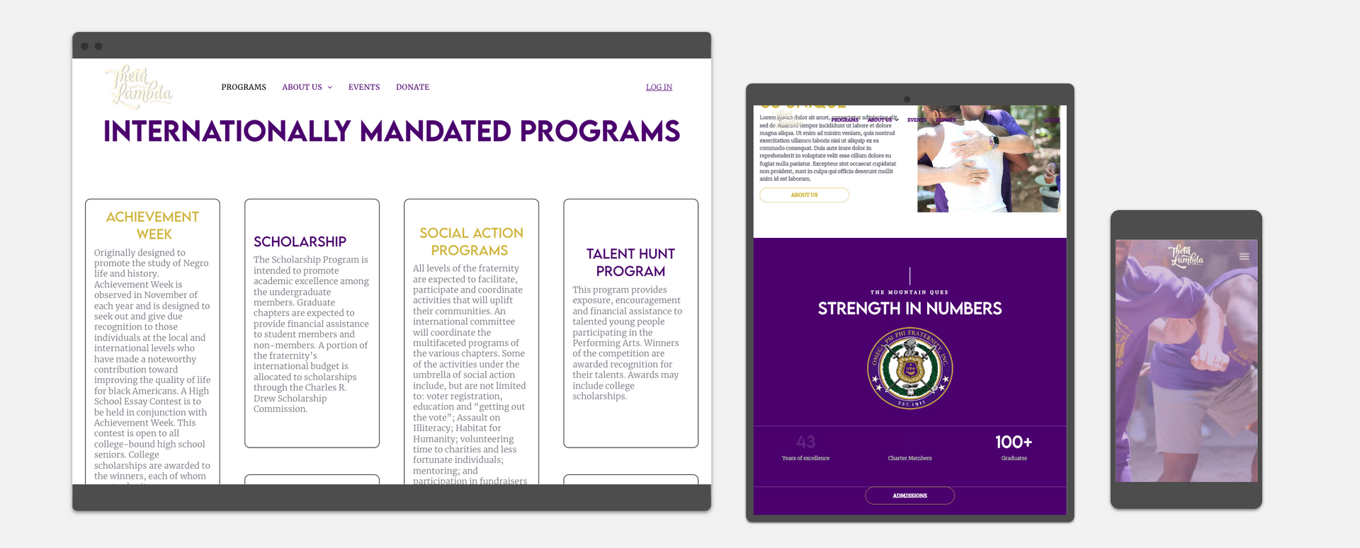 Website displayed on a desktop, tablet, and mobile device showing program information and content.