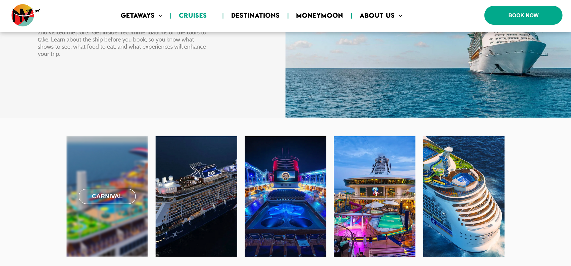 Cruise ship website homepage with ocean view and featured cruise images.