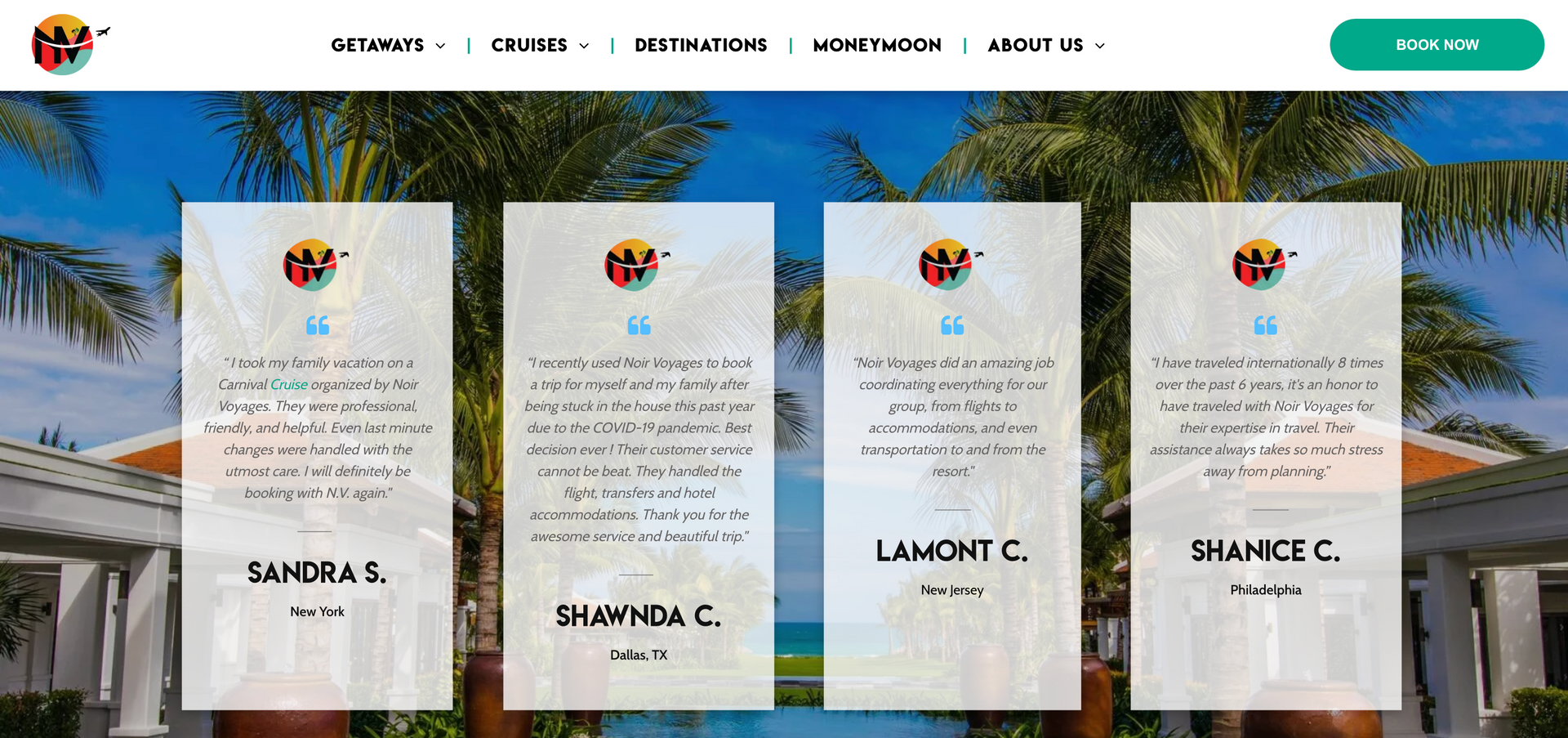 Testimonials on a website with a turquoise background, palm trees, and text boxes.