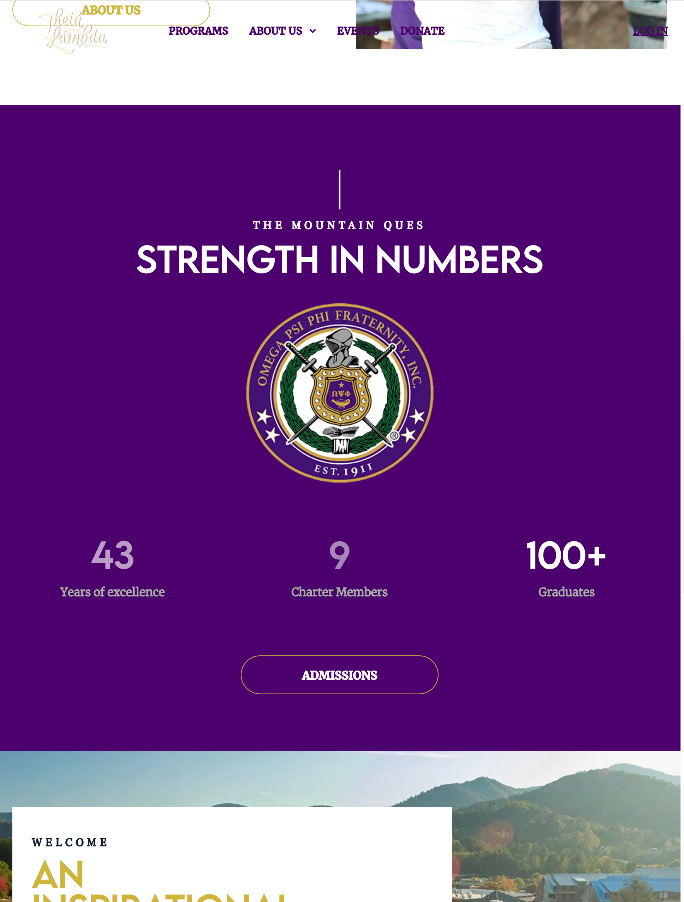 Purple website section with school crest, text