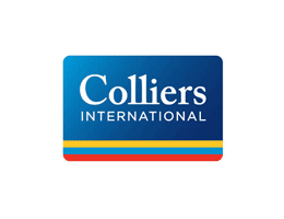 Colliers International logo: Blue rectangle with white text above horizontal yellow, blue, and red stripes.