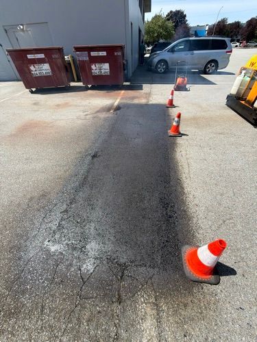 Parking lot alley with orange cones marking a dark repaired strip beside dumpsters and a parked van.