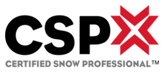 The logo for Certified Snow Professional (CSP) features bold black text and a red snowflake icon.