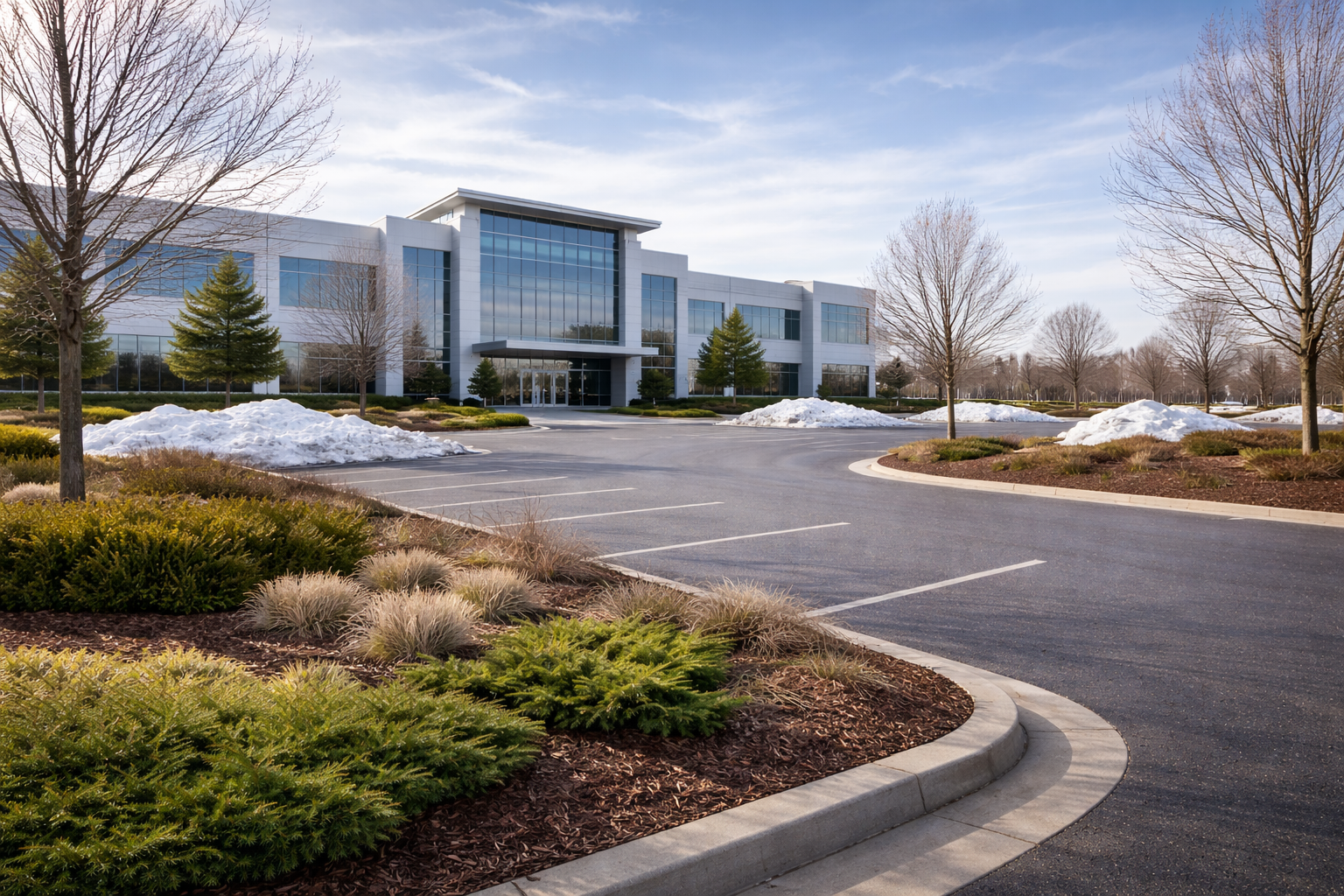 Modern two-story commercial office building with a paved parking lot, patches of snow, and trees under a clear blue sky.