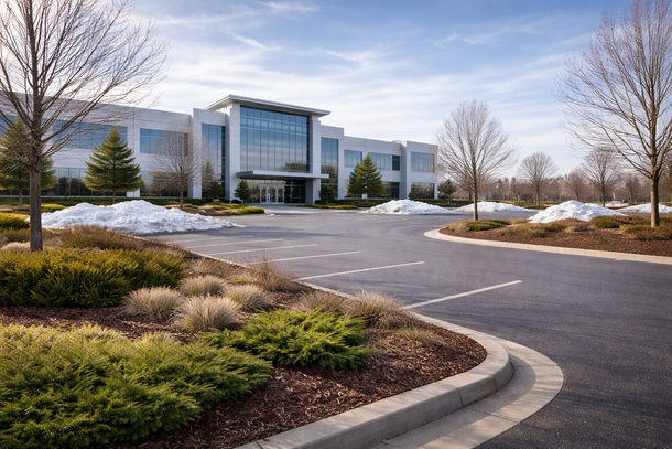 A modern, white office building with a glass entrance, surrounded by trees and patches of snow on a sunny day.