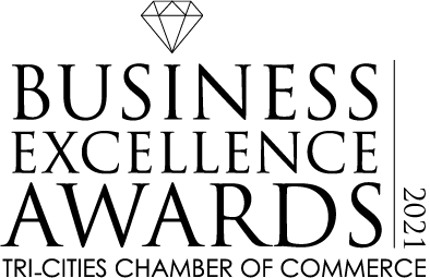 Business Excellence Awards logo, diamond above text, “Business Excellence Awards 2021” with Tri-Cities Chamber of Commerce at the bottom.