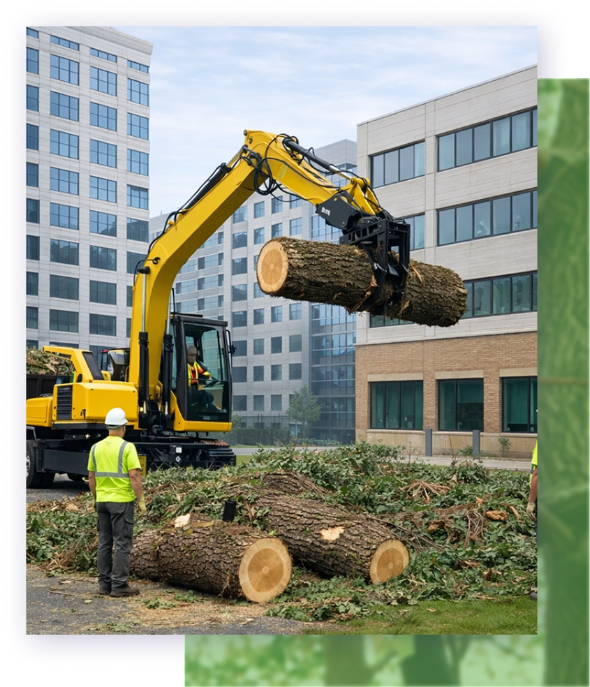 A yellow excavator lifts a log near a building, with a worker in a high-visibility vest standing nearby.