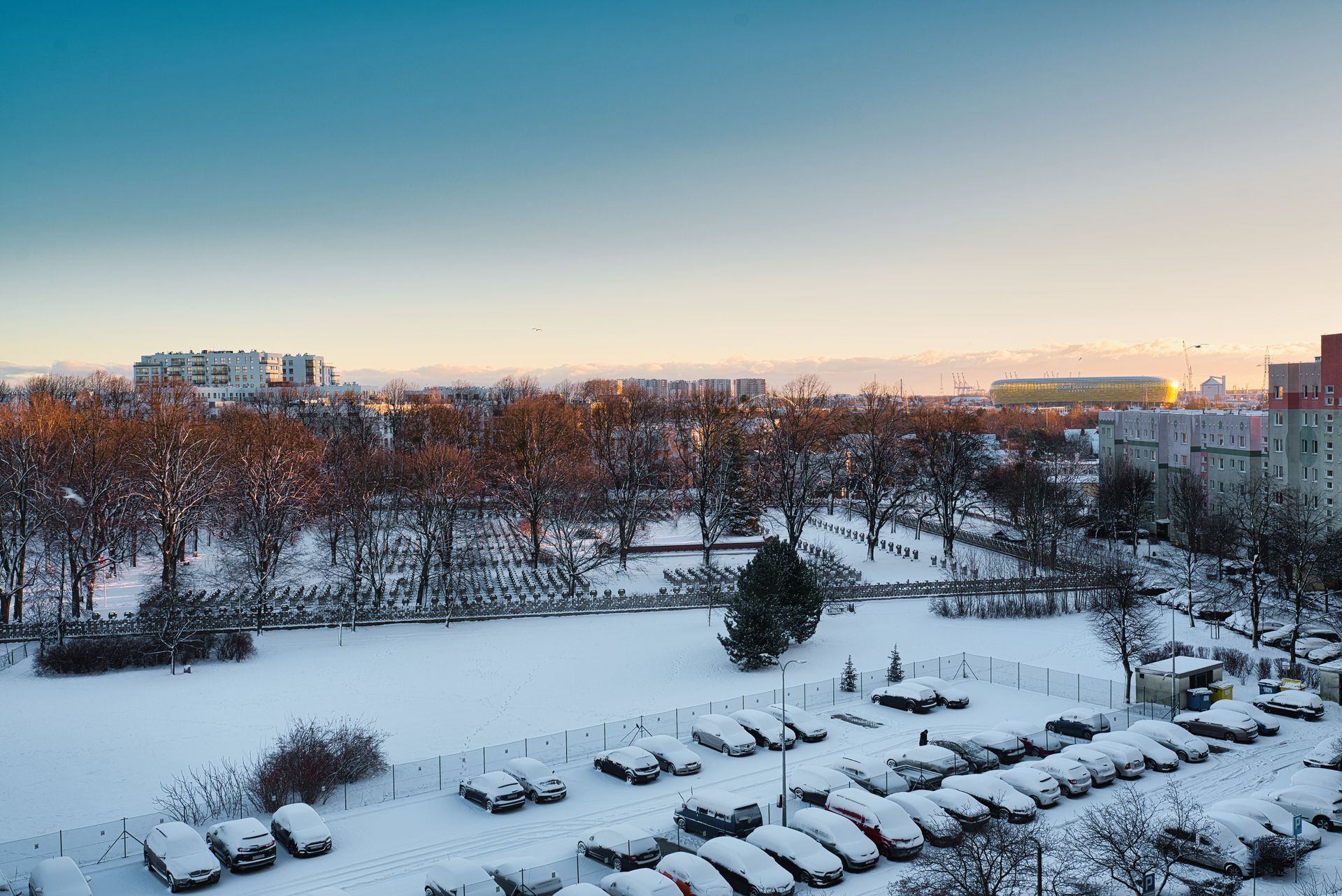 Snowy parking lot and trees at dawn, with buildings under a clear pastel sky.