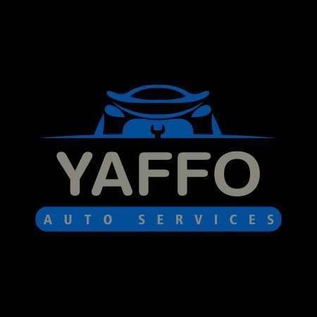 A logo for yaffo auto services with a blue car on a black background.