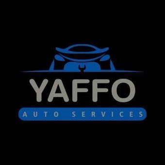 A logo for yaffo auto services with a blue car on a black background.
