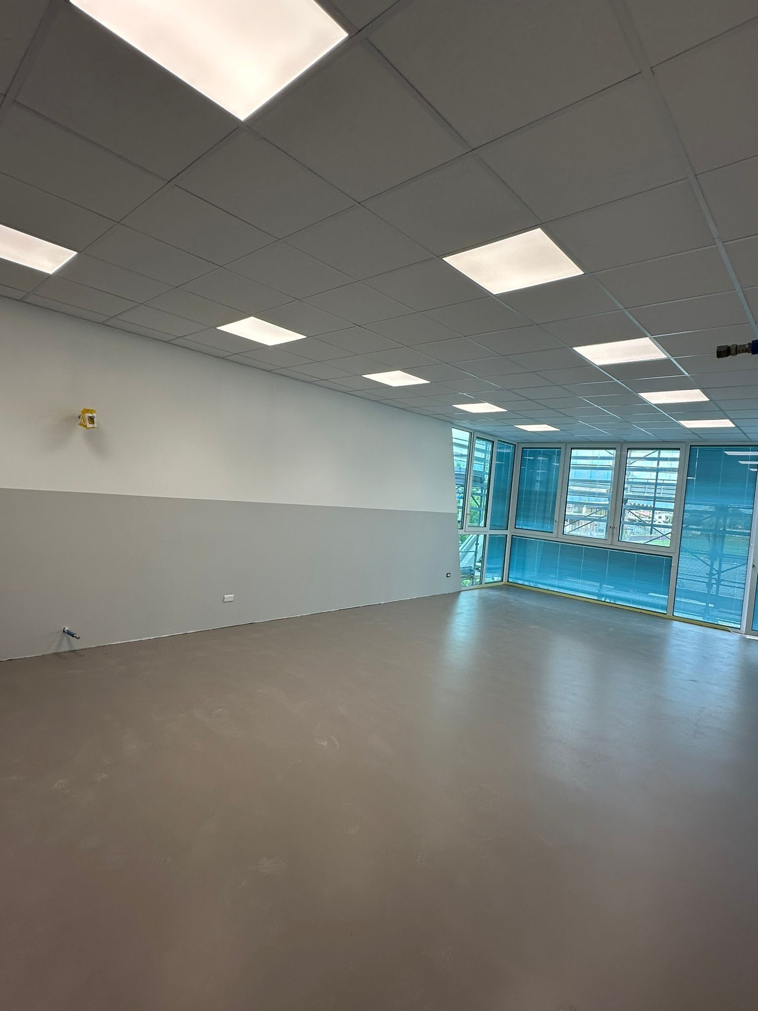 Ufficio vuoto con controsoffitto in piastrelle bianche, pavimento grigio e ampie vetrate.