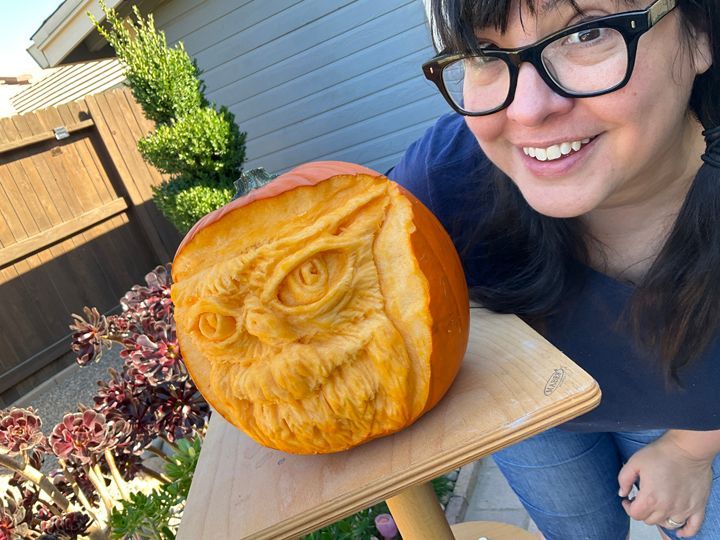 Pumpkin sculpt of stylized owl by Ilena Finocchi