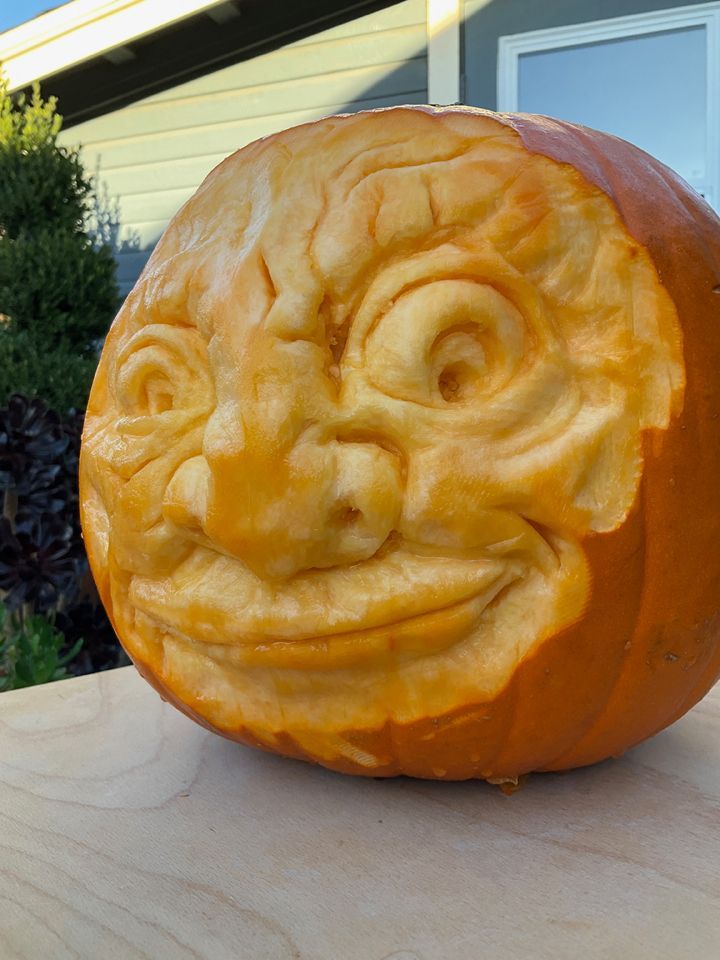 Pumpkin sculpt of stylized owl by Ilena Finocchi