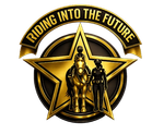 Golden emblem with a star and two figures, with “Riding into the Future” arched above.