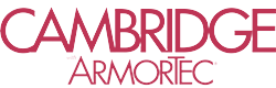 The logo for cambridge armortec is red and white on a white background.
