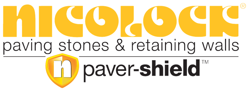 A logo for nicolock paving stones and retaining walls paver shield.