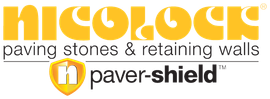 A logo for nicolock paving stones and retaining walls paver shield.