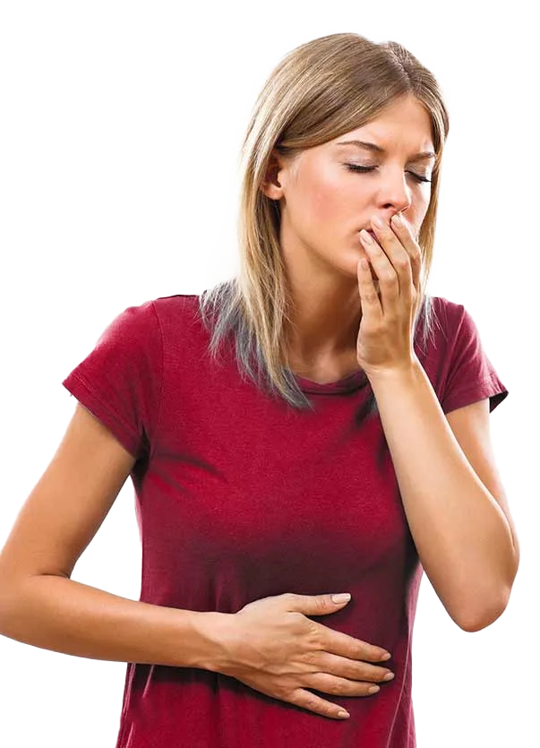 A woman in a red shirt is covering her mouth with her hand