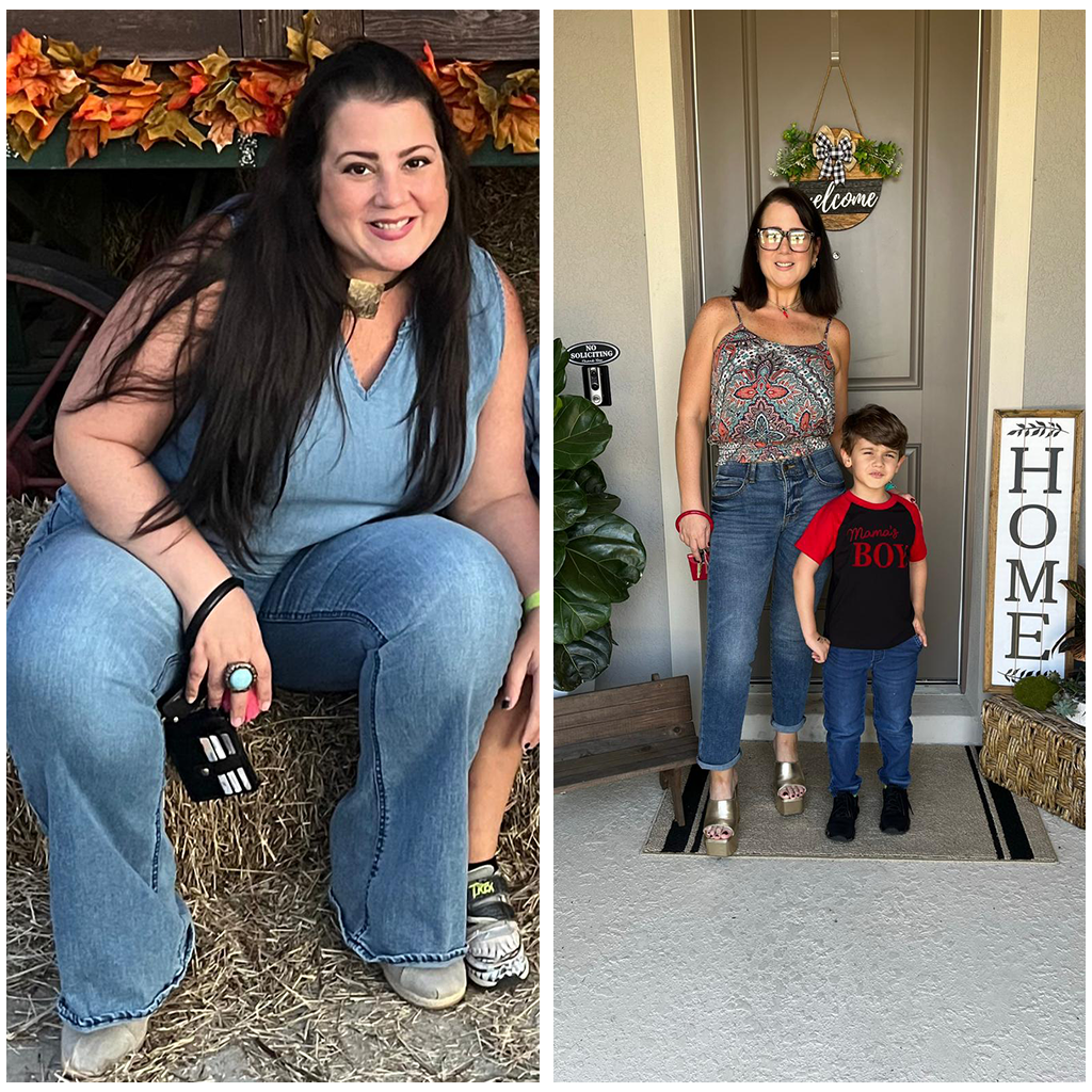 A woman is sitting on a hay bale and a boy is standing in front of a door.
