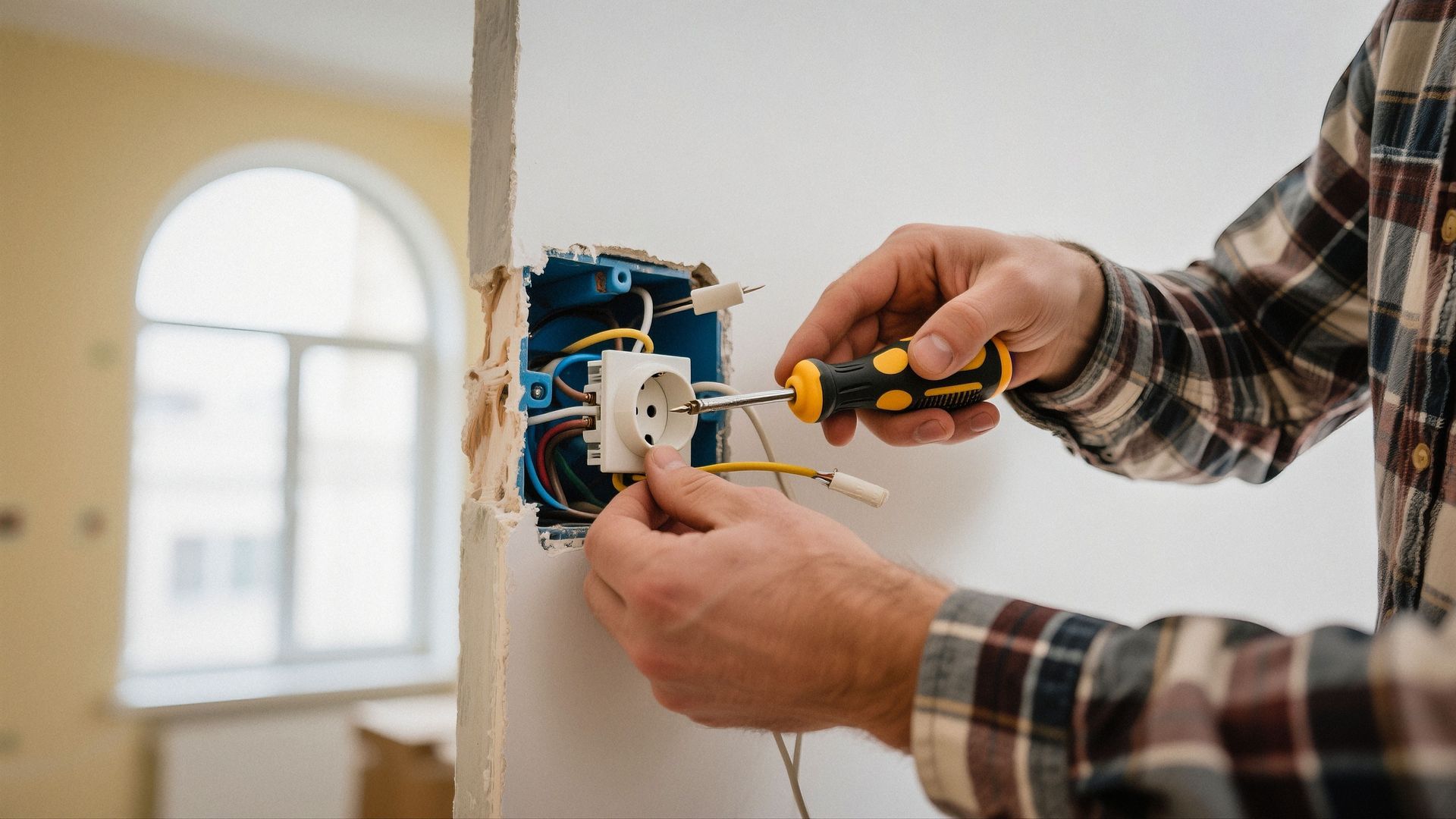 A person wearing a plaid shirt uses a screwdriver to install or repair an electrical outlet in a wall.