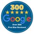Google 300 five-star reviews badge on blue circle with stars and yellow “300” text