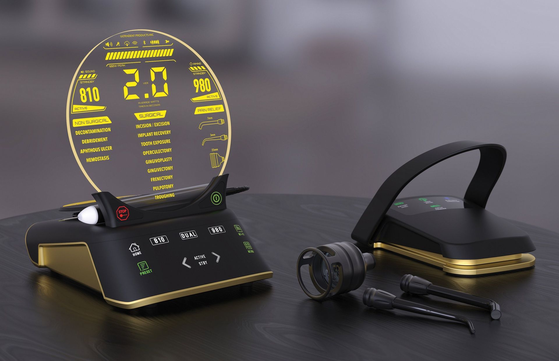 Round transparent LED clock display on a black base with a pen holder and stylus on a dark table.