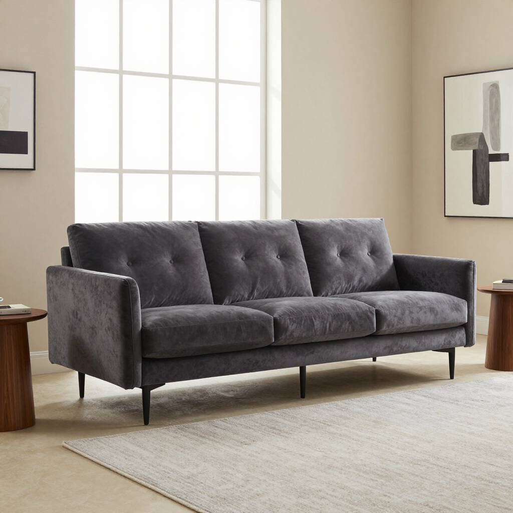 Dark gray upholstered sofa in a bright living room with framed wall art and a beige rug