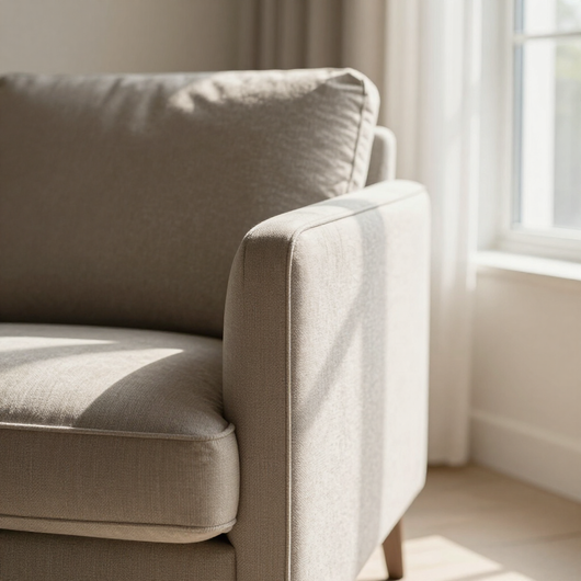 Beige sofa armrest by a sunlit window with sheer curtains