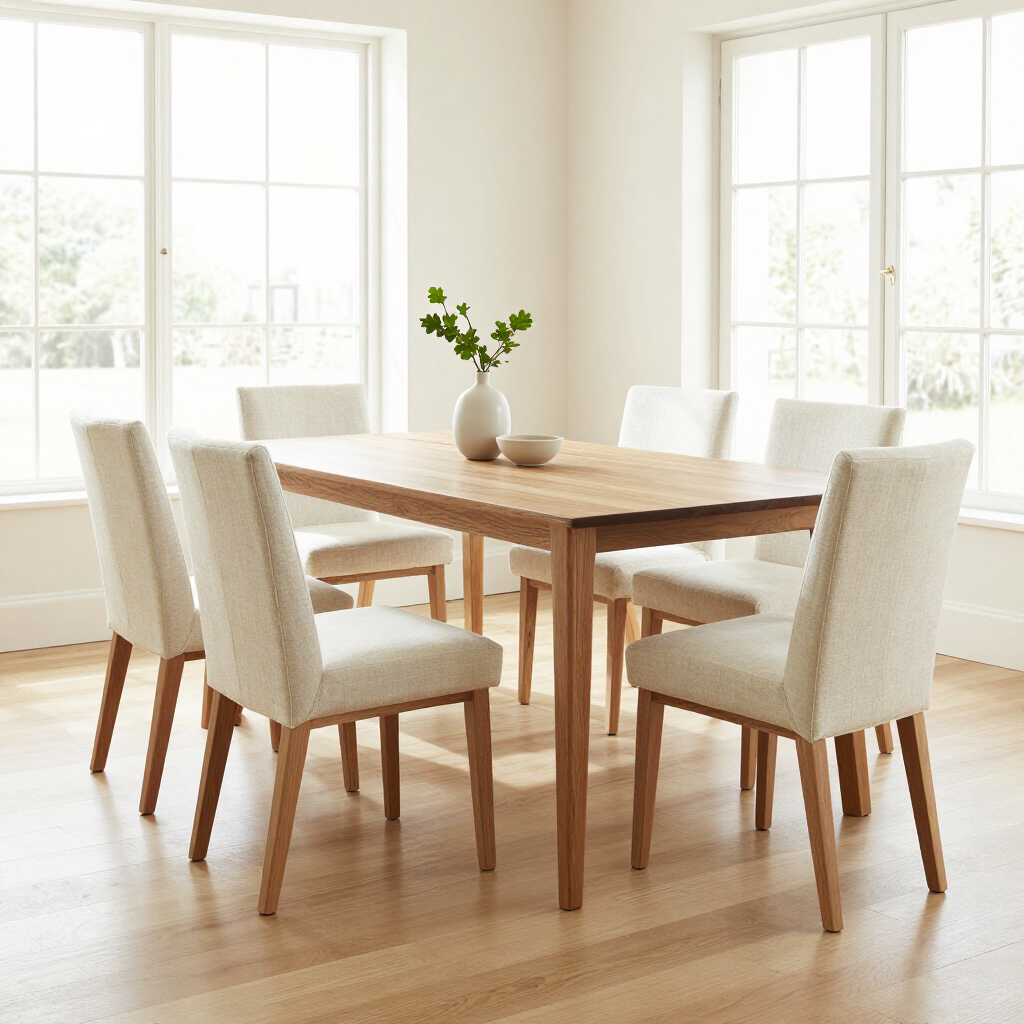 Bright dining room with a wooden table, six beige chairs, and a vase on a sunlit floor