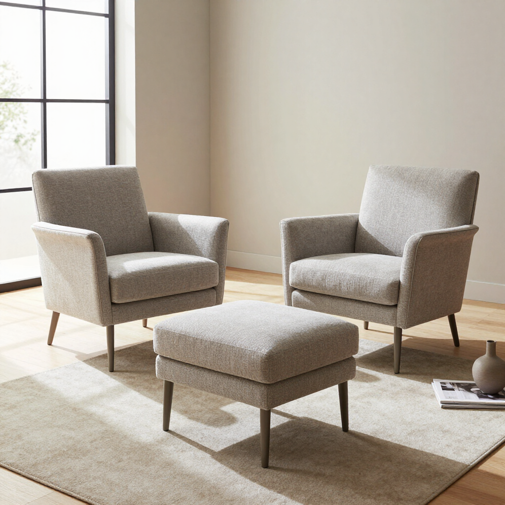 Two gray armchairs with a matching ottoman in a bright modern living room by a window