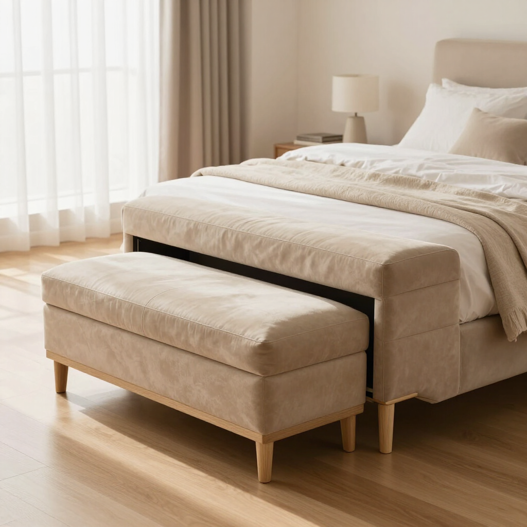 Beige upholstered bed with matching bench in a bright, minimalist bedroom